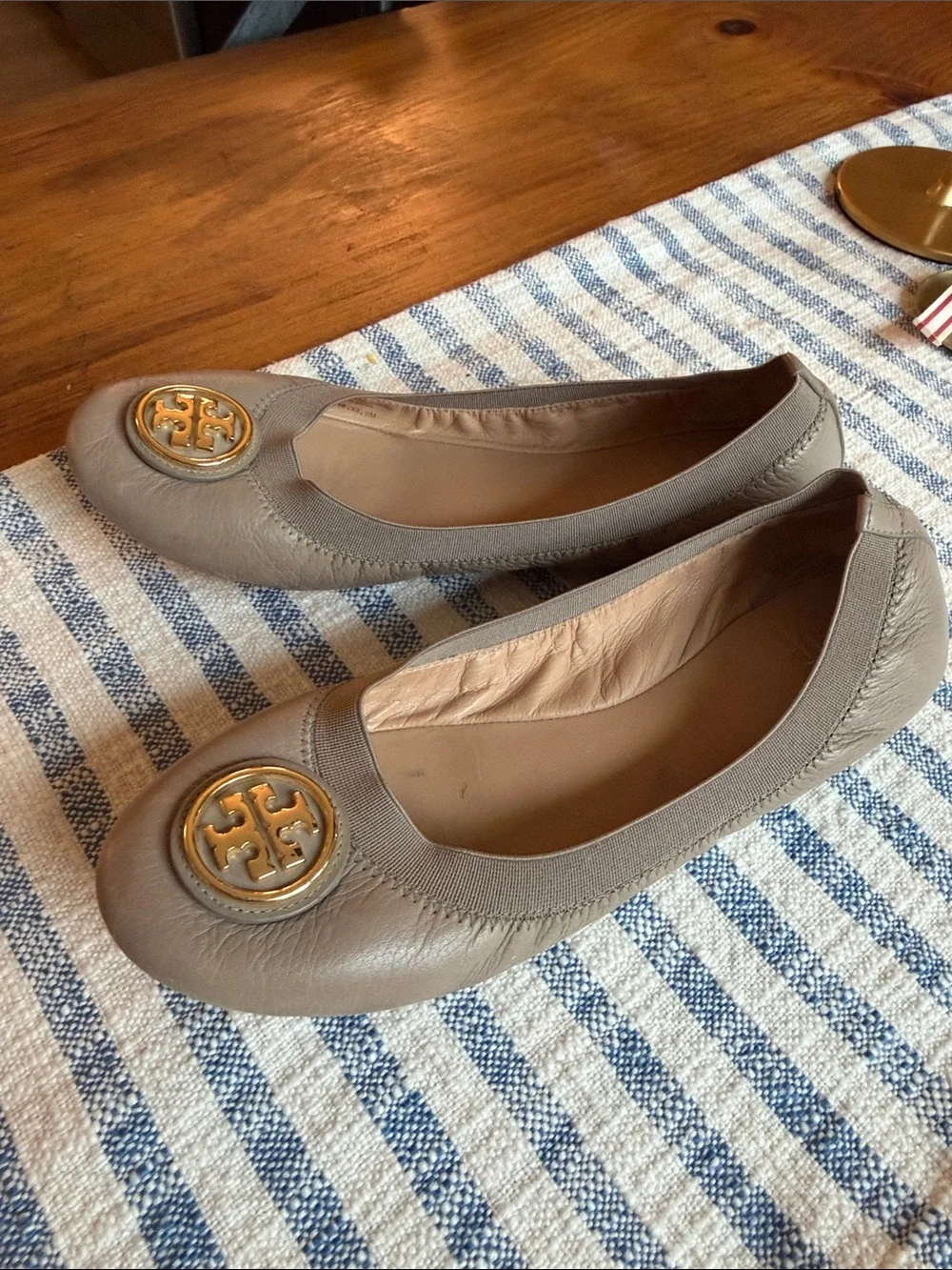Tory Burch Taupe Leather Logo Ballet Flats with Gold Medallion